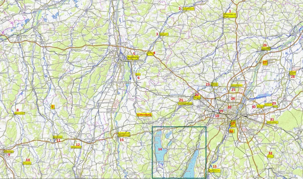 Attractions around Munich map / Ausflüge rund um München Karte / bezienswaardigheden rond Munchen