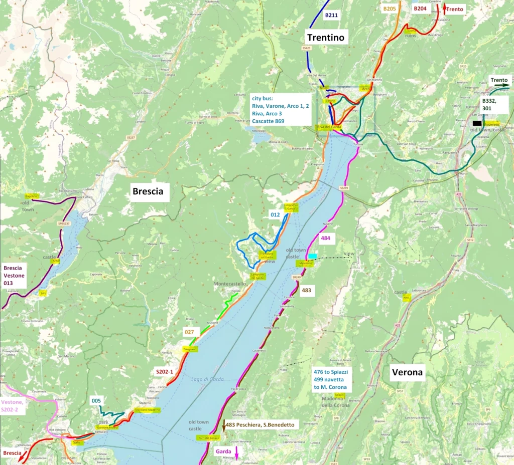 Lake Garda buses lines and train map / Öffentliche Verkehrsmittel am Gardasee Buslinien Karte / Gardameer openbaar vervoer