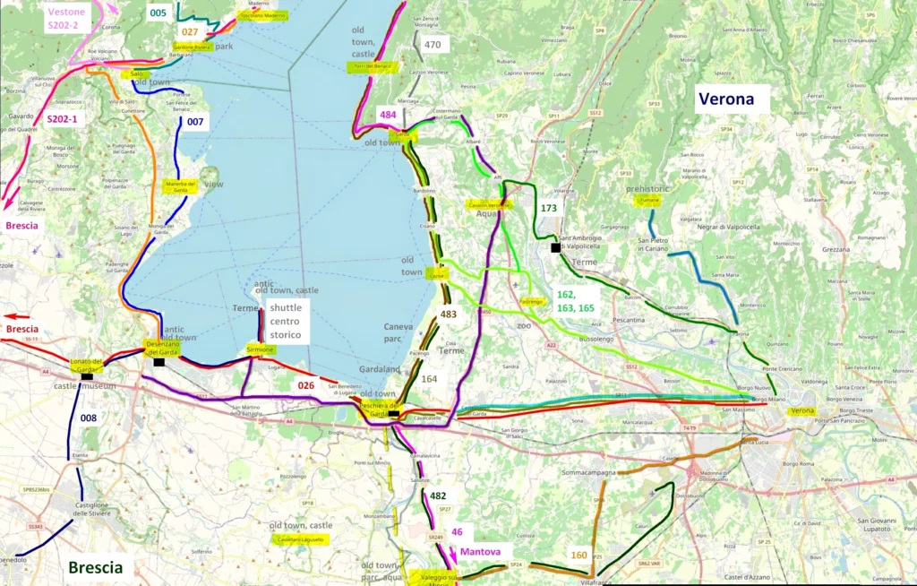Lake Garda buses lines and train map / Öffentliche Verkehrsmittel am Gardasee Buslinien Karte / Gardameer Busse